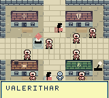 Actual gameplay in Valerithar, with pixel-art streets, merchants and the player character